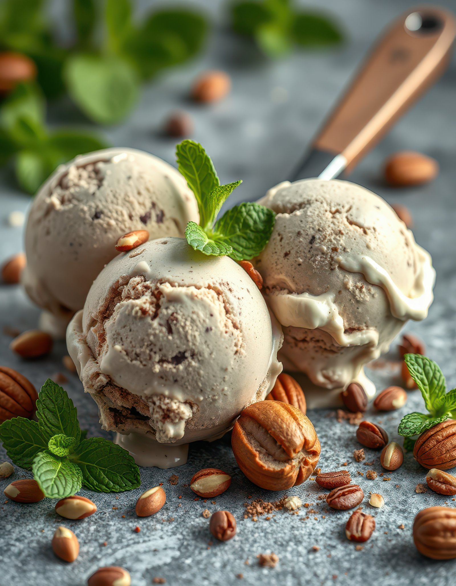 Delicious brown sugar ice cream served with nuts and mint leaves on a rustic table